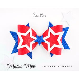 Star Bow sjabloon SVG, Stars USA rood wit blauwe boog pdf, Independence Day Bow, Svg-bestanden voor Cricut Cut-bestanden Maisie Moo veganistisch leer