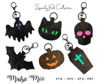 Halloween Key Fob SVG | Bat Skull Black Cat Coffin Ghost Pumpkin Keychain Bag Tag Fob Template | Faux Leather Fob | Key Ring Cut File