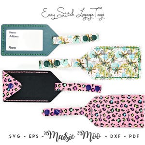 Peut inclure: Quatre étiquettes de bagage intitulées Easy Stitch Luggage Tags. L'une est bleu sarcelle avec une carte de contact blanche, une présente un motif de feuilles de palmier tropicales et deux affichent un imprimé léopard rose avec des boutons-pression.