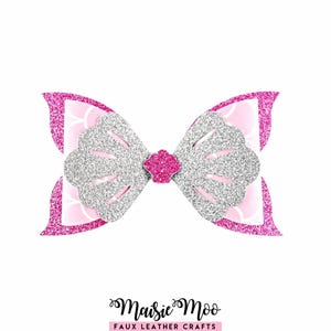 May include: A decorative bow featuring a layered design with a pink glitter border, a white base with a subtle pink scale pattern, and two silver glitter shell-shaped accents. A small, textured pink flower sits at the center of the bow.