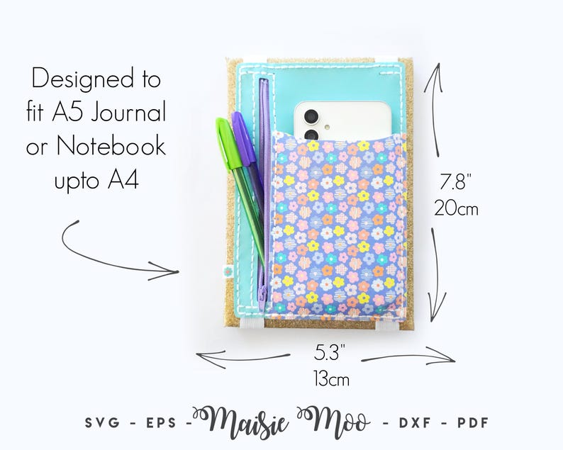 May include: A teal journal cover with a floral pocket, holding a phone and pens. The cover is 20cm tall and 13cm wide. Text reads "Designed to fit A5 Journal or Notebook upto A4".