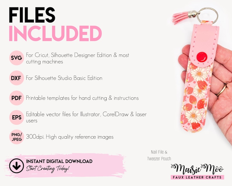 The image is a promotional advertisement for a product called "Files Included", which is a collection of digital files for various crafting projects. The product includes a Silhouette Designer Edition, Silhouette Studio Basic Edition, and a keychain with a floral pattern. The advertisement also mentions that the product is available for download, and it is a part of the "Maise Moo Faux Leather Crafts" collection.