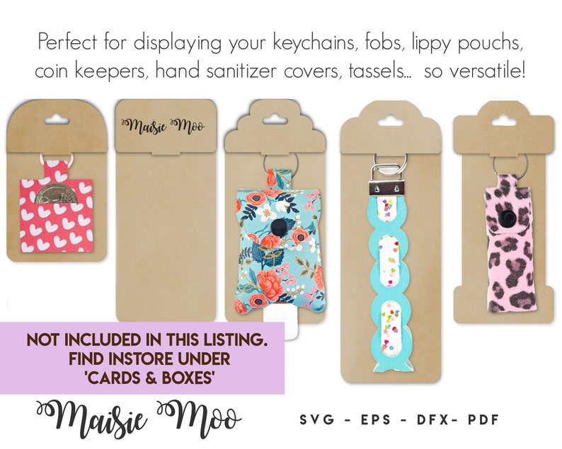 May include: Four brown card stock display stands with a hole at the top for hanging. Each stand has a different fabric item hanging from it. The items include a pink and white heart-shaped pouch, a blue floral pouch, a blue and white beaded keychain, and a pink and black leopard print pouch. The text "Maisie Moo" is printed on the stands.