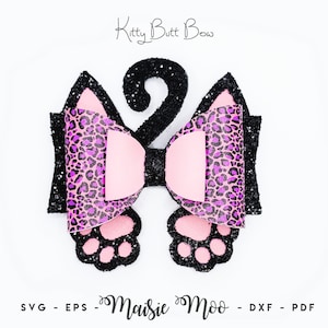 May include: A decorative bow featuring a black glittery cat tail and paw prints, with a central pink and purple leopard print bow and light pink accents. The text Kitty Butt Bow and Maisie Moo SVG EPS DXF PDF is visible on the white background.