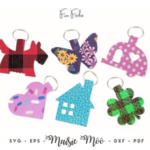 Plantilla para llavero con etiqueta de bolso SVG / Llavero de cuero sintético / Archivo de corte para llavero / Llavero de bolso / Casa con forma de perro, corazón, mariposa, trébol y caravana