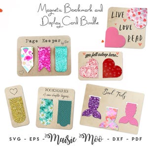 Op de afbeelding: Een collectie magnetische bladwijzers en displaykaarten met diverse vormen en texturen, waaronder glitter-, bloemen- en zeemeerminstaartontwerpen. De kaarten bevatten teksten zoals Page Keeper, Live Love Read, you fell asleep here, BOOKMARKS en Book Tails.