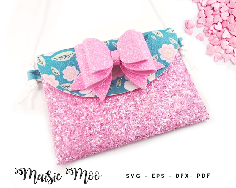 Pixie Bag with Bow SVG | Faux Leather Pouch SVG | Crossbody Toddler Handbag SVG | Girls Purse Template Maisie Moo Vegan leather