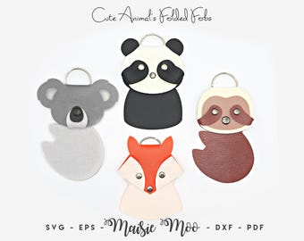 Folded Cute Animal Keychain SVG | Sloth Key Fob | Fox, Panda, Koala Bag Charm Tag Fob Template | Faux Leather Keychain | Cricut SVG Cut File