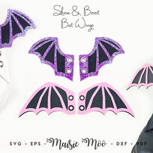 May include: Shoe & Boot Bat Wings. A set of purple glitter and black bat-shaped shoe attachments with metal eyelets, alongside a pair of solid pink and black bat-shaped attachments. The wings are shown attached to a white sneaker and a black boot.