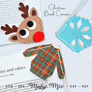 May include: Three decorative book corners featuring a tan reindeer with brown antlers and a red nose, a light blue snowflake, and a sweater with a green, red, and white plaid pattern. The text Christmas Book Corners is visible at the top.