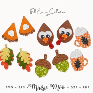 May include: A selection of autumn-themed earrings featuring pumpkin pie slices, turkeys, leaves, acorns, and coffee mugs. The earrings are in orange, brown, green, and gold, with glitter details. The text "Fall Earring Collection" is displayed at the top of the image.