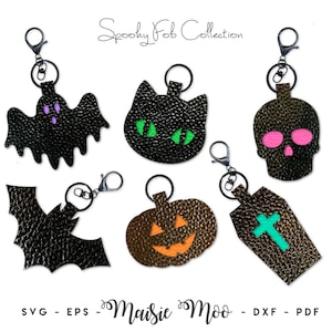 ゴス キーホルダー SVG | ハロウィン コウモリ スカル 黒猫 棺 ゴースト パンプキン キーチェーン バッグ タグ ホルダー テンプレート | フェイクレザー ホルダー | キーリング カット ファイル
