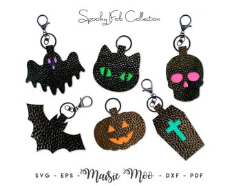 Goth Key Fob SVG | Halloween Bat Skull Black Cat Coffin Ghost Pumpkin Keychain Bag Tag Fob Template | Faux Leather Fob | Key Ring Cut File
