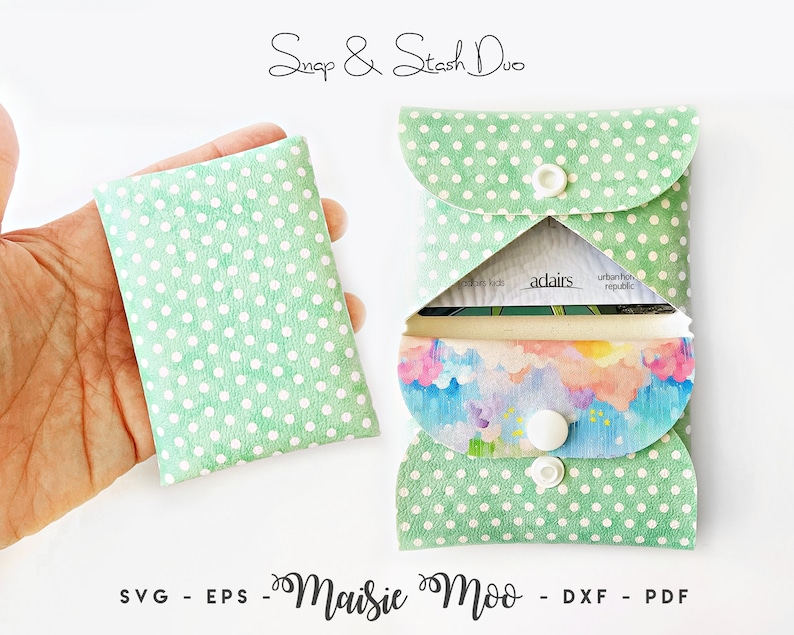 Duo Card & Coin Wallet SVG, Snaps Card Wallet Template, Folded Mini Purse Faux Leather No Sew, Card Wallet