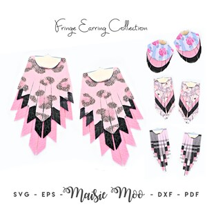 K&ouml;nnte beinhalten: Ein Set aus sechs rosa und schwarzen Fransenohrringen mit verschiedenen Mustern, darunter Leopardenmuster, Blumen und Karomuster. Die Ohrringe sind mit "Fringe Earring Collection" und "Maisie Moo" beschriftet.