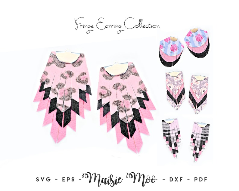 K&ouml;nnte beinhalten: Ein Set aus sechs rosa und schwarzen Fransenohrringen mit verschiedenen Mustern, darunter Leopardenmuster, Blumen und Karomuster. Die Ohrringe sind mit "Fringe Earring Collection" und "Maisie Moo" beschriftet.