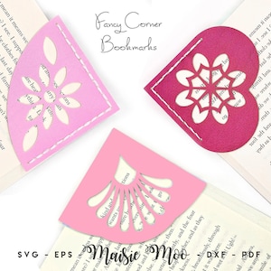 May include: Three corner bookmarks in light pink, dark pink, and medium pink, each featuring intricate die-cut patterns and white stitching along the edges. The text Fancy Corner Bookmarks, SVG, EPS, DXF, and PDF is visible on the image.