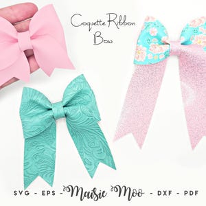 May include: Three decorative bows in the image. One is light pink, another is turquoise with a floral pattern, and the third is turquoise with a textured design. The bows are labeled "Coquette Ribbon Bow" and "Maisie Moo".