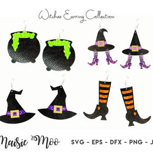 Witch Earring Collection SVG Halloween Earrings Witches Hat Shoes Cauldron Template Faux Leather Earring Cricut Earring Maisie Moo