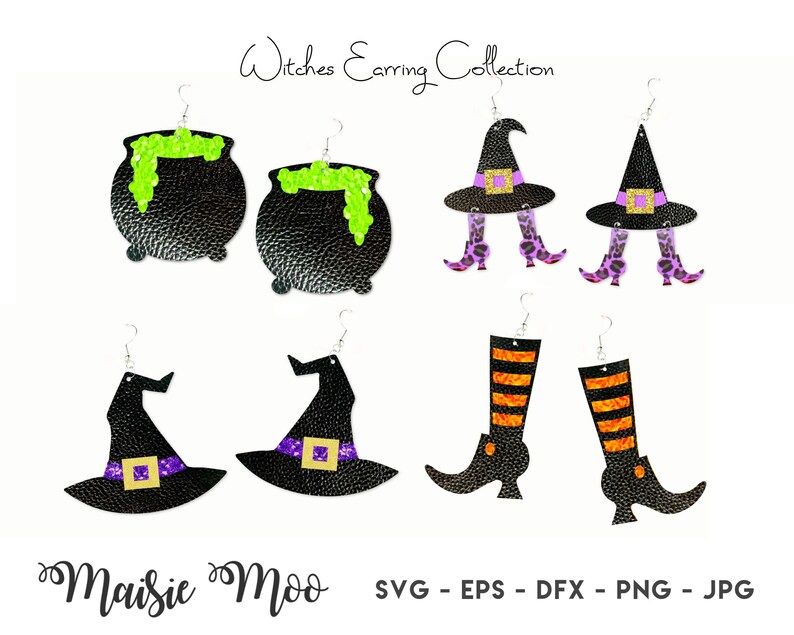 Witch Earring Collection SVG Halloween Earrings Witches Hat Shoes Cauldron Template Faux Leather Earring Cricut Earring Maisie Moo