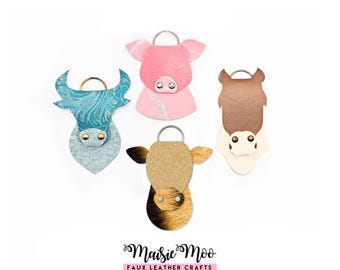 Leather Western Farm Animal Keychain SVG | Cow Key Fob | Horse, Bull, Pig Bag Tag Fob Template | Faux Leather Pattern | Cricut SVG