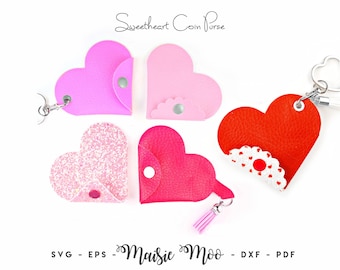 Portamonete Sweetheart SVG, portachiavi portamonete di San Valentino, portachiavi in similpelle senza cuciture, file SVG per Cricut File di taglio Maisie Moo