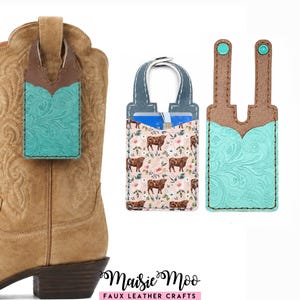 May include: A tan suede cowboy boot with a turquoise embossed leather card holder attached to the pull tab. Two additional card holders are shown: one with a floral cow print and one with a turquoise embossed pattern and snap closures.