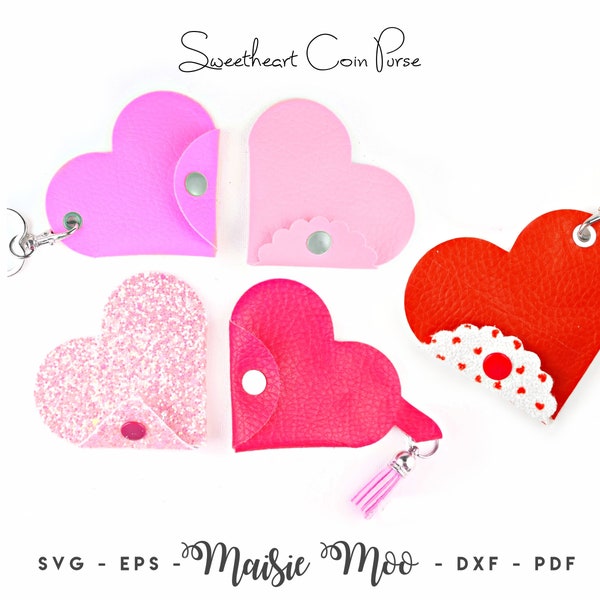 Sweetheart Coin Purse SVG, Valentine Keychain Coinpurse Template, Faux Leather No Sew Keyring, Svg files for Cricut Cut Files Maisie Moo