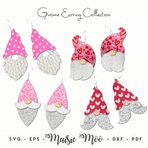 May include: Set of six Valentine's Day gnome earrings. The earrings feature pink and red glitter, hearts, and polka dots. The gnome hats are pink and red with white accents. The gnome beards are white and silver.