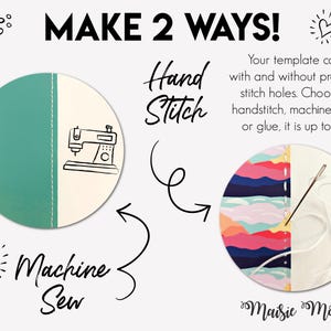 May include: An image with the text "MAKE 2 WAYS!" shows two circular designs. One side features a teal and white design with a sewing machine illustration and the words "Machine Sew." The other side shows a colorful design with a needle and thread and the words "Hand Stitch."