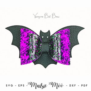 May include: A black textured bat-shaped hair bow featuring a central layered design with bright pink and silver glitter accents. The text Vampire Bat Bow is printed above the object, and the text Maisie Moo SVG - EPS - DXF - PDF is below.
