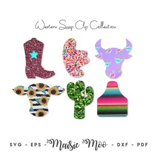 May include: A digital collection of six Western-themed shapes labeled Western Snap Clip Collection and Maisie Moo. The shapes include a glittery maroon cowboy boot with a teal star, a multi-colored confetti cactus, a floral cow head, a sunflower cow head, a green glitter cactus, and a striped serape tag.