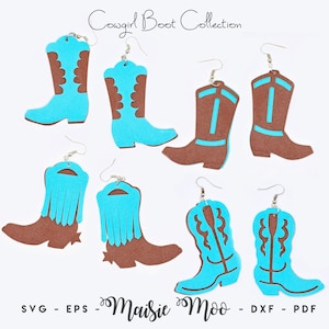 May include: Cowgirl Boot Collection SVG, EPS, DXF, PDF digital download files. Six pairs of turquoise and brown cowboy boot earrings.