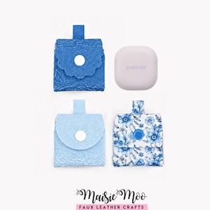 May include: Three square faux leather pouches with snap closures and a light purple Samsung charging case. One pouch is dark blue with a lace texture, one is light blue with a lace texture, and one features a blue and white floral pattern.