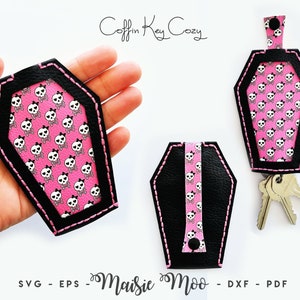 Patrón SVG de llavero de ataúd, patrón de funda de llave gótica de cuero sintético, plantilla de funda de llave de ataúd de Halloween cosida a mano, llavero con etiqueta para bolso