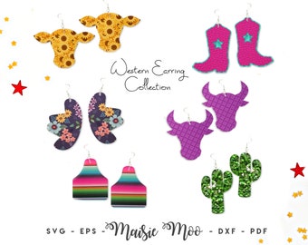 Cowgirl-Western-Ohrring SVG | Ohrringvorlagen aus Kunstleder | Ohrring mit Kuhkopf, Cowboy-Stiefel, Hut und Kuhanhänger für Cricut SVG | Maisie Moo
