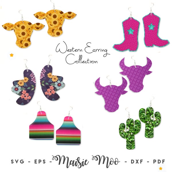 Cowgirl Western Earring SVG | Faux Leather Earring Templates | Cow Steer Head Cowboy Boot Hat Cow Tag Cricut Earring SVG | Maisie Moo