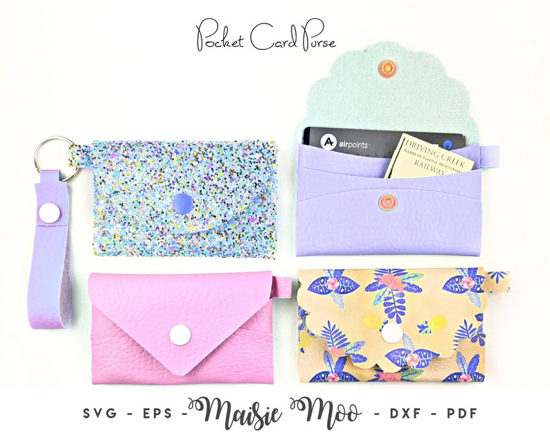 Pocket Wallet Keychain Card Purse SVG Bundle, Keyring Coinpurse Template, Purse Faux Leather No Sew, Card Wallet Cricut Maisie Moo