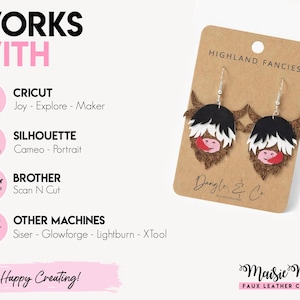 The image is a promotional poster for a pair of earrings, highlighting the various materials and techniques used in their creation.