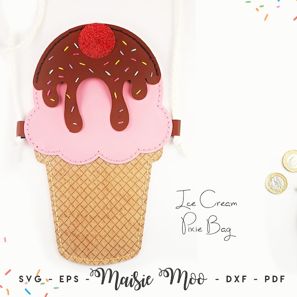 Ice Cream Bag SVG | Faux Leather Bag Pattern | Girls Purse Sewing Pattern | Handbag SVG | No Sew Girls Pixie Purse Template Maisie Moo