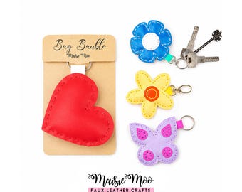 Faux Leather Bag Charm Pattern, Keychain SVG, Butterfly, Flowers, Plump Heart Leather Bag Charm Template