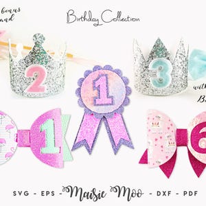 Pode incluir: Um conjunto de coleção de aniversário com duas coroas de glitter prateado com os números 2 e 3, uma roseta de glitter roxo com o número 1, um laço com estampa de flamingos com o número 1 e um laço com estampa de lhamas com o número 6, além de uma varinha de estrela e uma gravata borboleta azul.