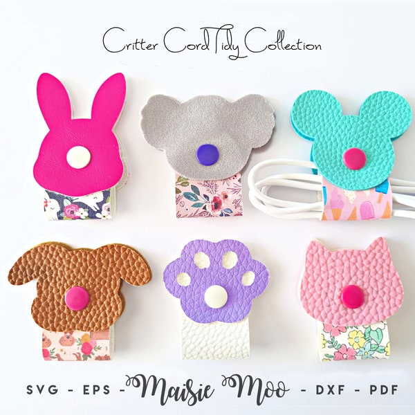 Animal Cable Organizer SVG, Critter Cord Tidy Template, Earphone Holder SVG, Cable Taco, Cord Keeper,  Faux Leather Crafts No Sew Cricut