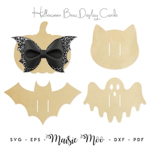 Karta kokardki na Halloween SVG, Karta z kokardką z dyni i nietoperza, Karta z klipsem do włosów DXF, Szablon karty kokardki w formacie PDF, pliki do plików Cricut Cut