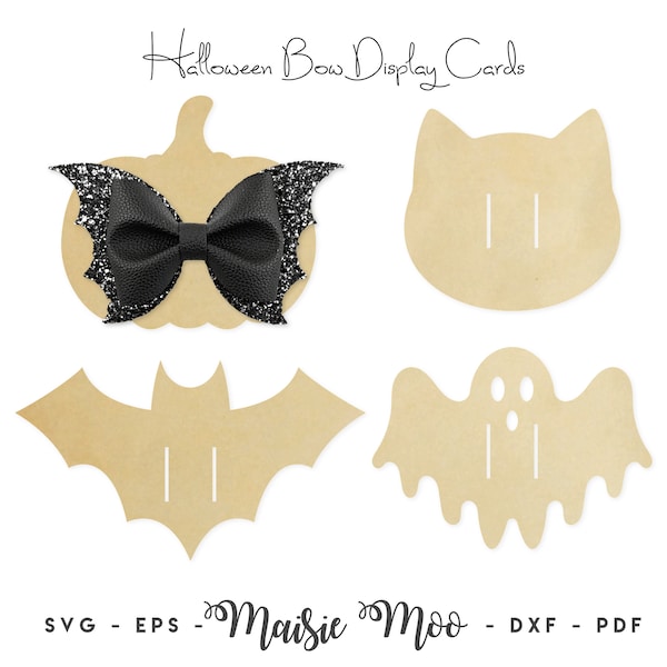 Halloween Schleife Karte SVG, Fledermaus Katze Geist Kürbis Schleife Display Karte, Haar Clip Karte DXF, Schleife Karte Vorlage PDF, Dateien für Cricut Cut Dateien