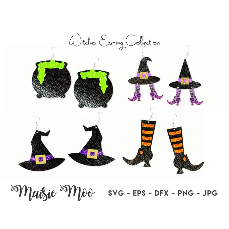Witch Earring Collection SVG Halloween Earrings Witches Hat Shoes Cauldron Template Faux Leather Earring Cricut Earring Maisie Moo