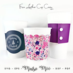 Cup Cozy SVG, modello di custodia per tazza da caffè riutilizzabile, scheda espositiva per tazza SVG, file Svg in similpelle per avvolgere la tazza da caffè per file di taglio Cricut