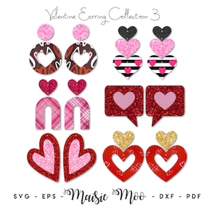 Pode incluir: Coleção de brincos para o Dia dos Namorados com seis designs diferentes. Os designs incluem um coração com padrão xadrez, um coração com listras, um coração com glitter, um coração com bolinhas, um coração de cor sólida e um coração com um design recortado. Os brincos são feitos de couro e estão disponíveis em uma variedade de cores.