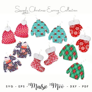 May include: A collection of Christmas-themed earrings featuring shapes of beanies, sweaters, mittens, and stockings with various patterns including polka dots, snowflakes, plaid, and floral designs. The text reads Snuggly Christmas Earring Collection and Maisie Moo.