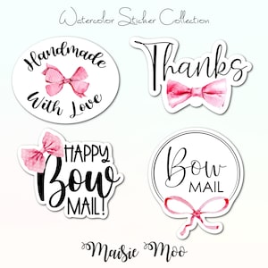 Schleifen Aufkleber PNG, Danke, Happy Bow Mail, handgemacht mit Liebe Small Business Aufkleber, Bow Shop Verpackung Aufkleber, Maisie Moo